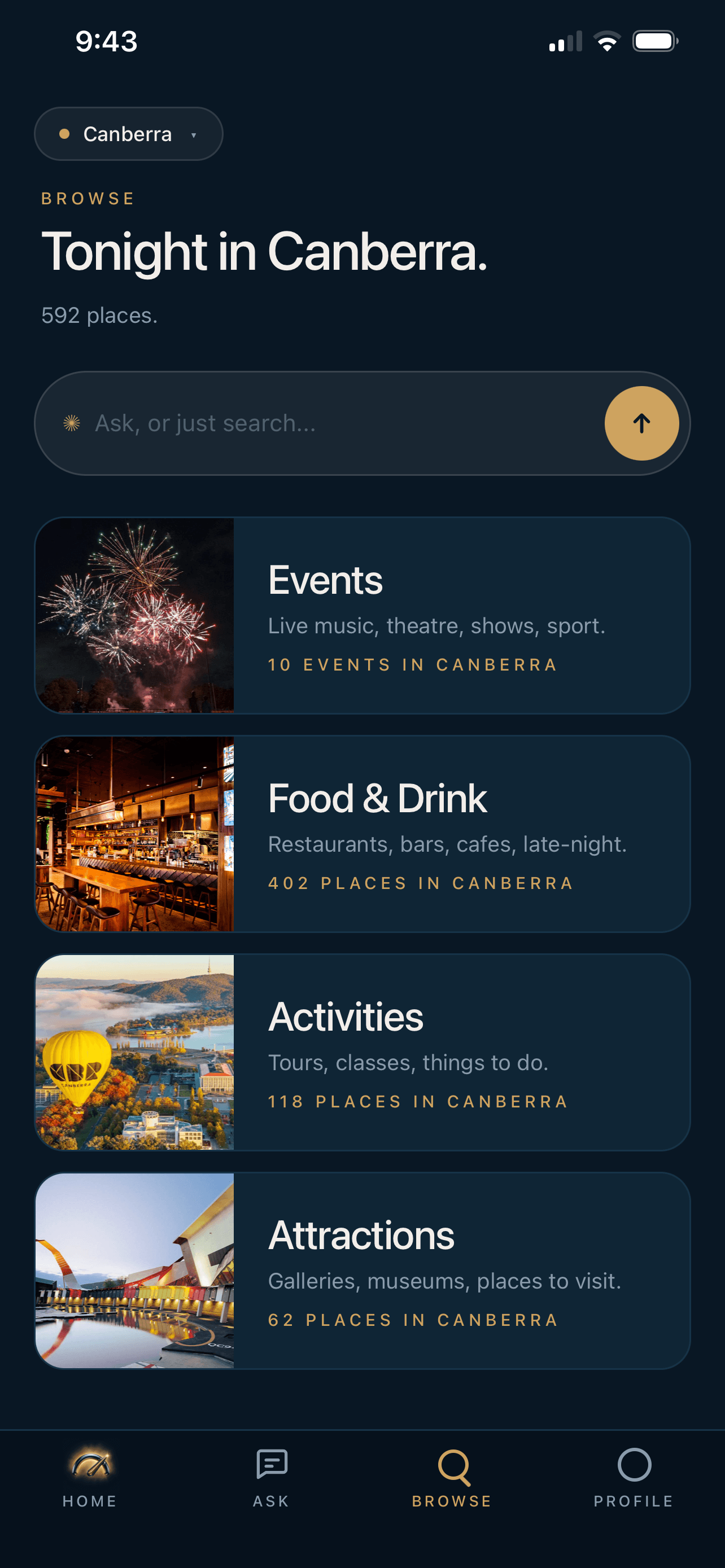 The Myloe app home screen: tonight in Canberra, with Events, Food & Drink, Activities and Attractions