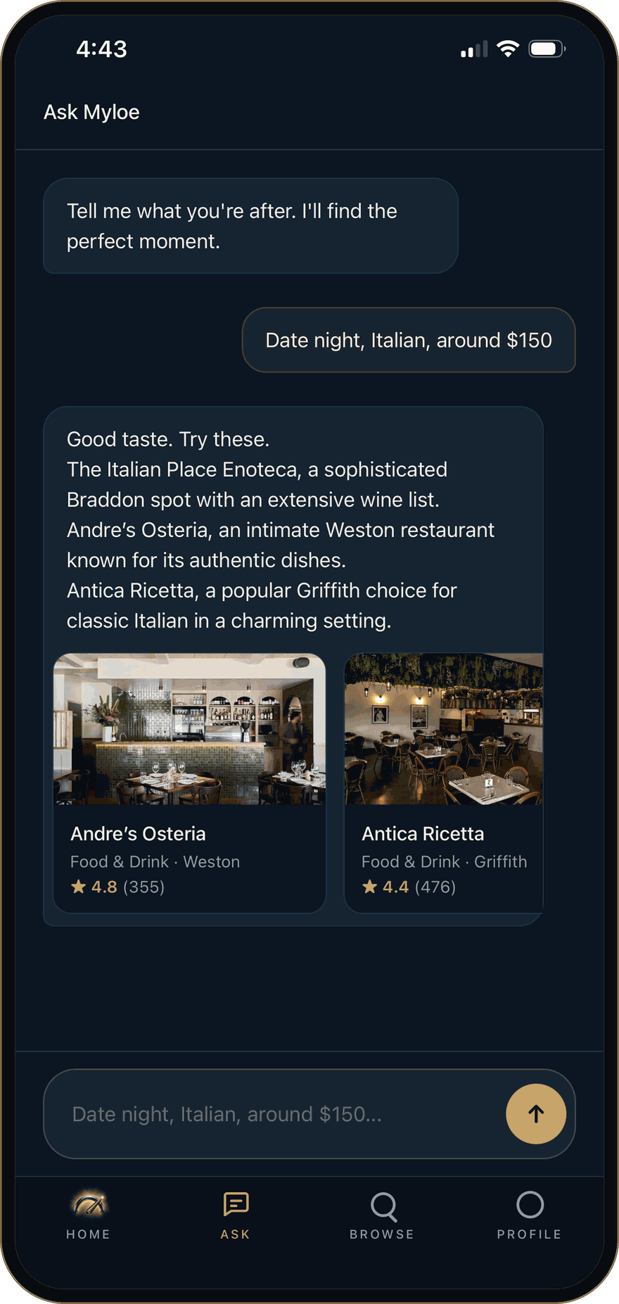 The Myloe app answering a request for a date-night Italian restaurant with venue cards for Andre's Osteria and Antica Ricetta